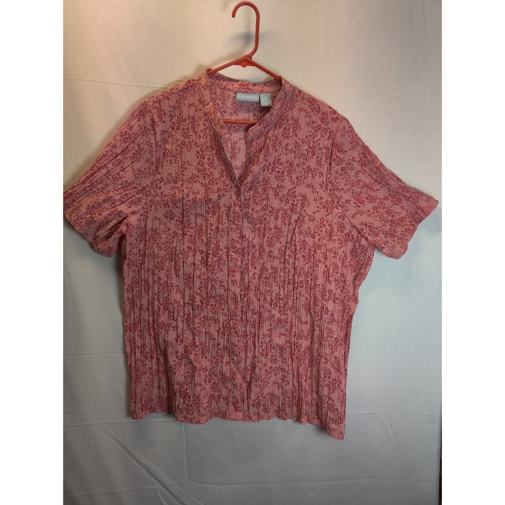 Liz & Me Women's Red Floral Collarless Button Up Short Sleeve Sz 2X Lightweight